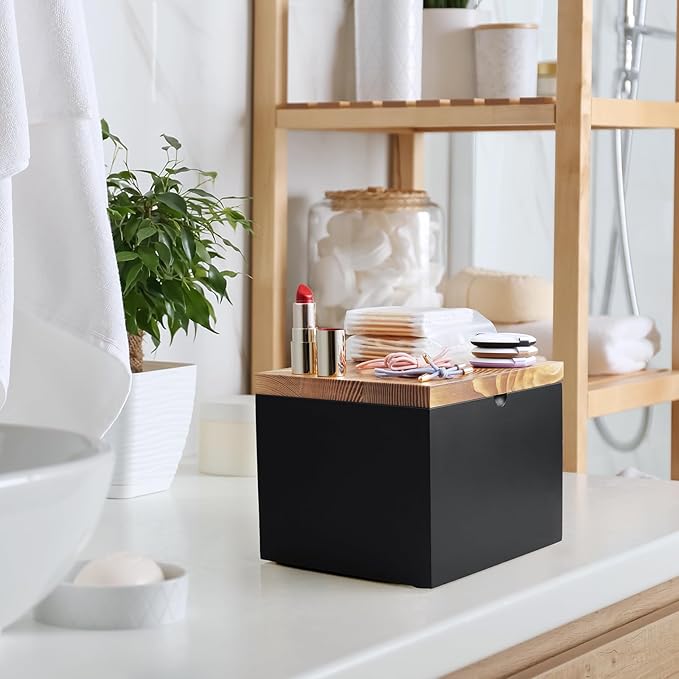 Bivvclaz Disposable Face Towel Holder, Wooden Face Towel Container Compatible with Clean Towels XL, Face Towels Storage Box with Lid, Makeup Remover Organizer for Vanity, Bathroom, Black