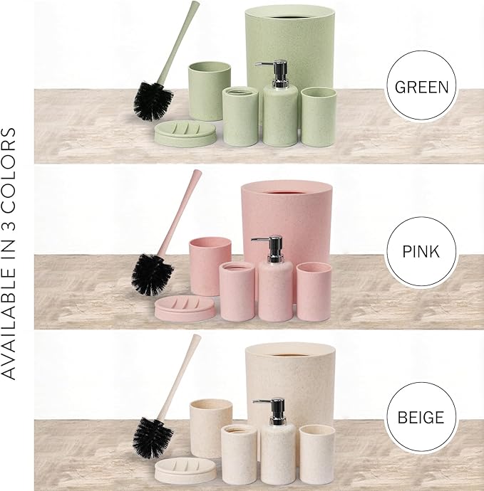 CERBIOR Bathroom Accessories Set 6 Piece Wheat Straw Bath Ensemble Includes Soap Dispenser, Toothbrush Holder, Toothbrush Cup, Soap Dish for Decorative Countertop and Housewarming Gift (Beige)