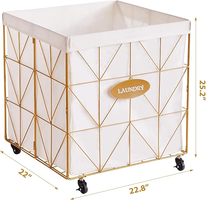 Mxfurhawa Laundry Hamper,Collapsible Laundry Basket Large Capacity Metal Laundry Hamper with Removable Liner, Rolling Wheels and Collapsible Design for Clothes Storage and Organization (210L GOLD)