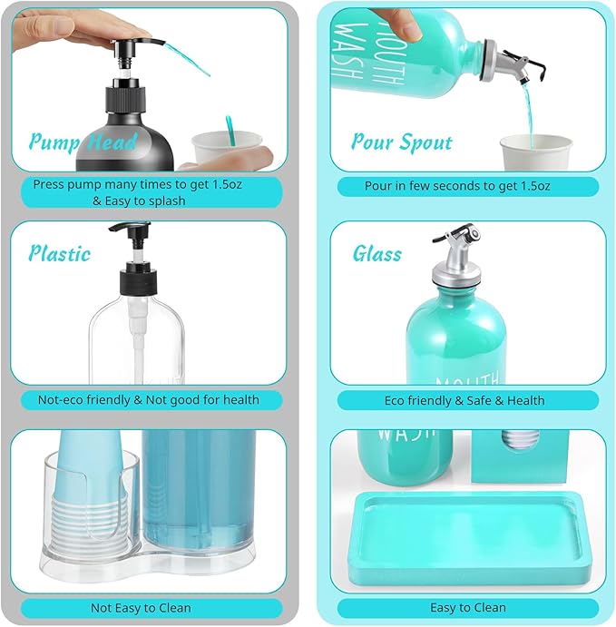 Turquoise Mouthwash Dispenser for Bathroom, 16 OZ Glass Mouthwash Dispenser with Wood Cup Holder and Tray, Mouth Wash Bottle Container, Teal Kitchen Bathroom Decor and Accessories