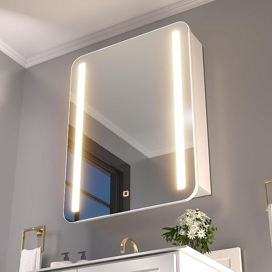 32x24 inch LED Lighted Bathroom Medicine Mirror Cabinet with Sockets & USBs, Anti-Fog Dimmable Light and Color Adjustment, Adjustable Shelves, Flat-Pack Design – Assembly Required