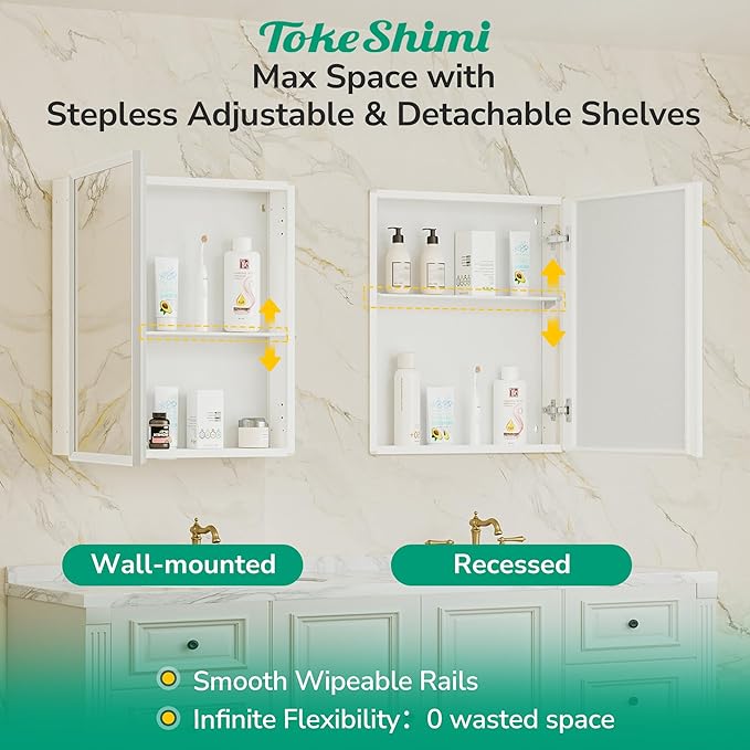 TokeShimi 14 x 18 White Recessed Medicine Cabinet with Mirror, Assembly Required, Bathroom Medicine Cabinet with Mirror, Stepless Adjustable Shelves, Beveled Aluminum Frame, DTC Hinge