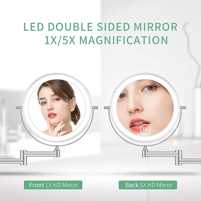 ALVOROG Wall Mounted Makeup Vanity Mirror 8 inch 3 Color Lighting Dual Power Supply Touch Screen Light Adjustable Timing Cosmetic Mirror 1X/5X Magnifying 360° Swivel Shaving Light up Bathroom Mirror