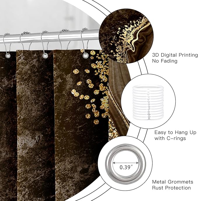 4PCS Brown Marble Shower Curtain Sets with Rugs, Abstract Bathroom Sets with Shower Curtain and Rugs, Modern Bathroom Curtains Shower Set with Toilet Lid Cover Accessories for Bathroom Decor
