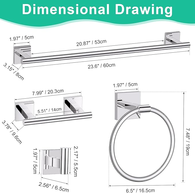 10 Pieces Polished Chrome Towel Bar Set, Double Dase Toilet Paper Holder Bathroom Hardware Set, 23.6 Inch Stainless Steel Towel Rack for Bathroom Wall Mounted