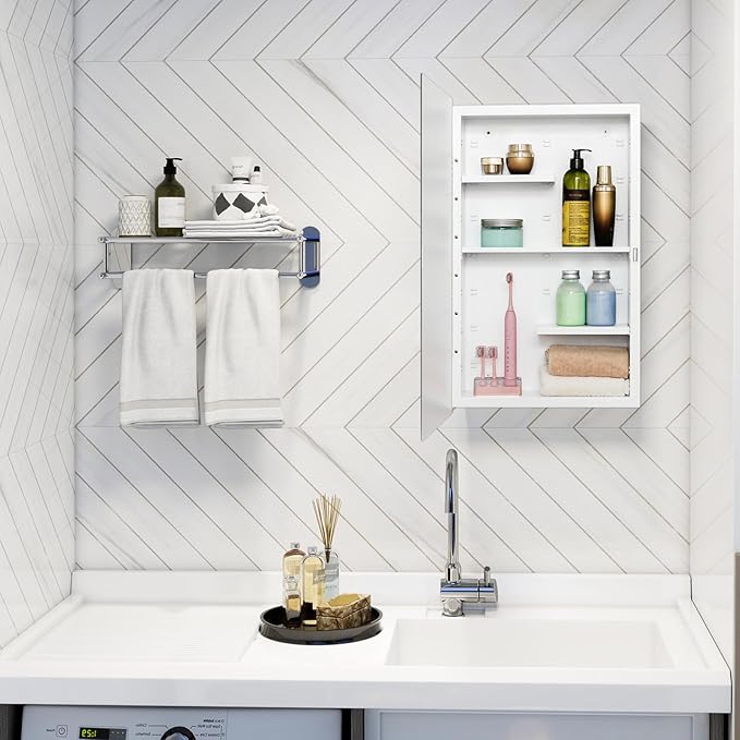 Fundin White Medicine Cabinet Recessed or Surface Mount, Bathroom Medicine Cabinet with 16 x 26 Beveled Mirror and Adjustable Staggered Shelves