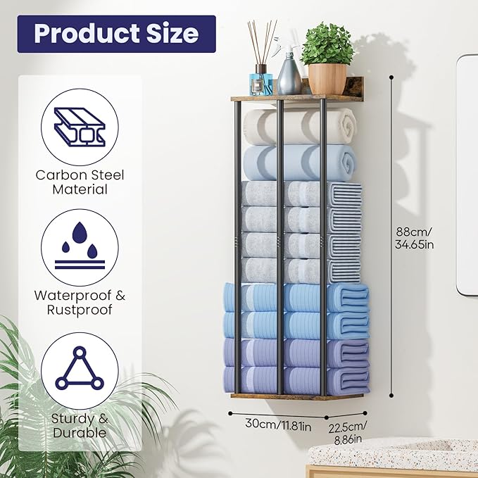 Towel Rack with Shelf – Modern Towel Holder for Bathroom Wall Mounted, Holds 6 Large Bath Towels, Rolled Towel Organizer for Bathroom, Laundry Room, and Small Space Storage，Vintage Color