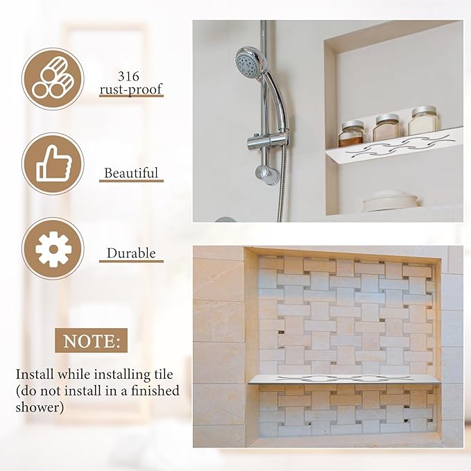 Teenyyou 1 Pack Niche Rectangular Shelf for 12 Prefabricated Board Niche Fits 5/32 Grout Line, 4mm Thick, Bathroom Wave Design, Marine Grade Brushed 316 Stainless Steel