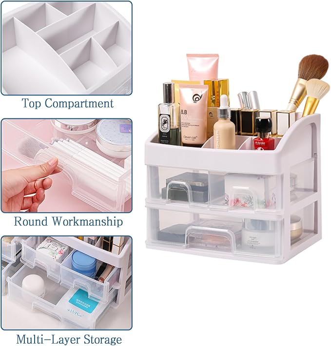 Cosmetic Storage Box Cosmetic Display Cabinet Bathroom Dressing Table Organizer with 3 Drawers and 1 Tray Makeup Organizers for Counter (White)