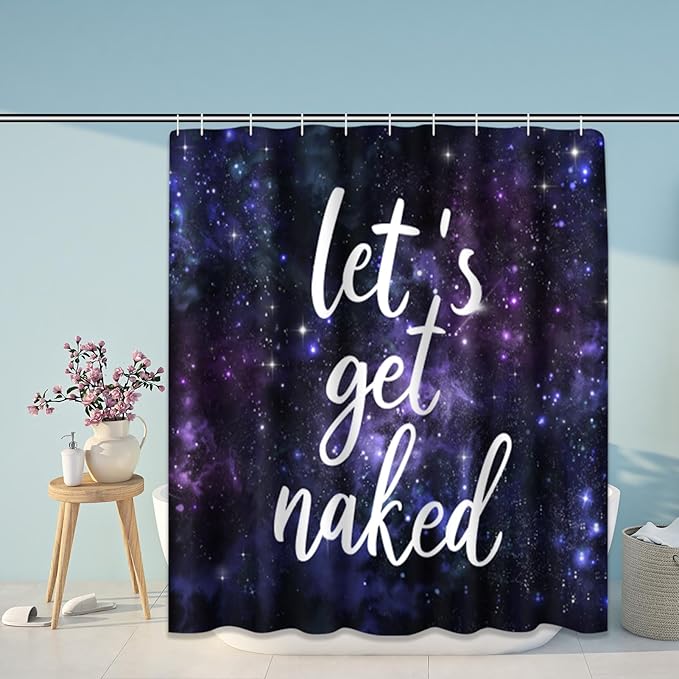 ArtSocket 4PC Black and Purple Let's Get Naked Shower Curtain Sets Starry Sky Bathroom Decor with Rugs, Non-Slip Rug,Toilet Lid Cover, Bath Mat and 12 Hooks 72x72 inches