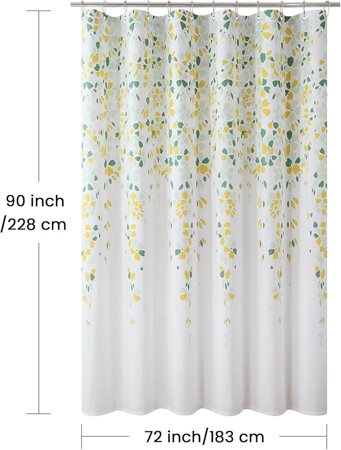 90 Inch Fabric Shower Curtain, Extra Long Yellow and Sage Green Floral Shower Curtains for Bathroom, Waterproof Bathroom Curtains, 72" W x 90" H