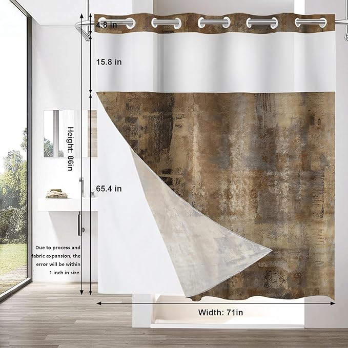 Shrahala Brown Abstract Art No Hooks Shower Curtain with Snap in Liner Set, Grey Acrylic Bathroom Décor Polyester Fiber Waterproof for Stall Bathtubs 71 X 86 in