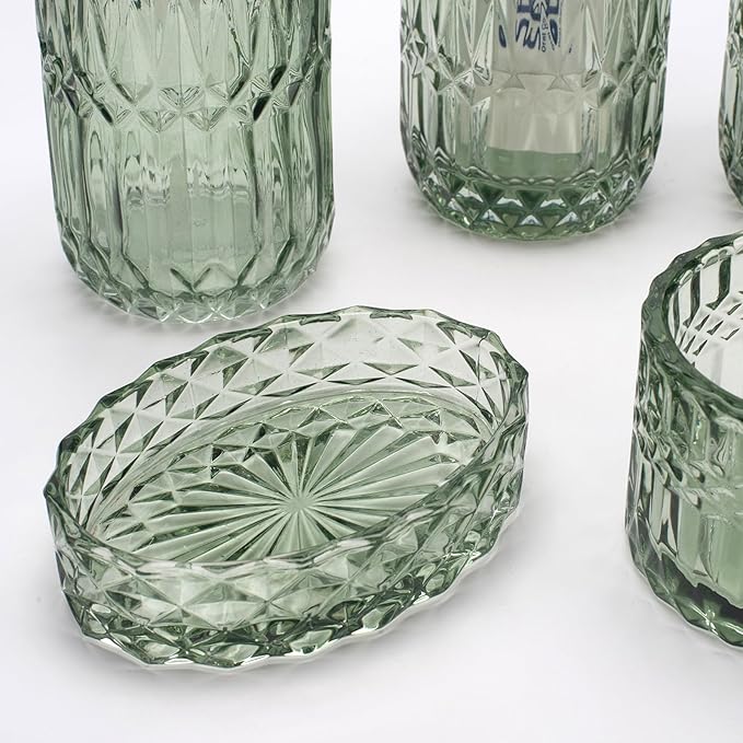 IVAILEX 5PCS Green Glass Bathroom Accessories Sets of Lotion Dispenser, Soap Dish, Toothbrush Holder, Tumbler, Cotton Swab Jars, Modern Bath Decor, Vintage Gift
