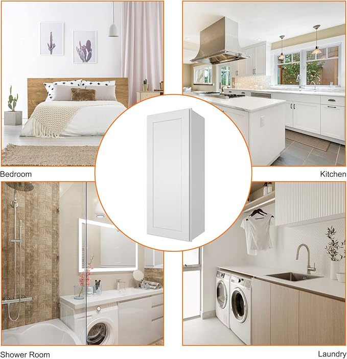 ROOMTEC Wood Wall Cabinet,RTA Single Door Medicine Cabinet with Adjustable Shelves and Soft-Close Door for Kitchen, Bathroom, and Laundry. 12" D*21" W*42" H, Shaker White