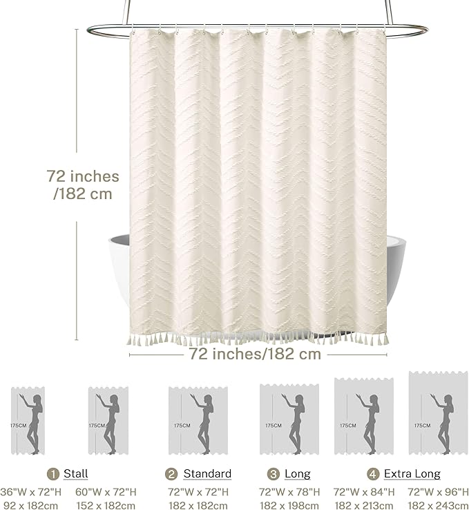 Boho Farmhouse Shower Curtain, 72 x 72 Tufted Chevron Textured Striped Modern Farmhouse Minimalist Cream Shower Curtain for Bathroom
