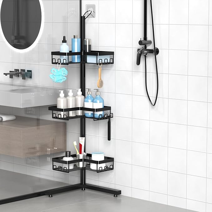KEGII Standing Shower Caddy Corner, 3 Tier Adjustable Shelves Rustproof Floor Shower Organizer with 18 Hooks and Adjustable Feet, Bathroom Corner Shelf Rack, Black