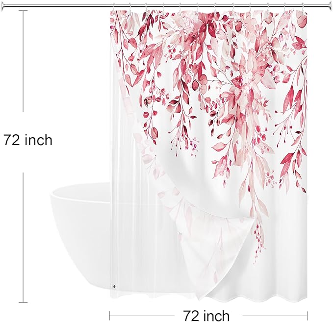 Gibelle 3 in 1 Shower Curtain Set, 72x72 Pink Eucalyptus Bath Curtain and PEVA Liner Set with 12 Metal Hooks, Waterproof Fabric Bathroom Curtain