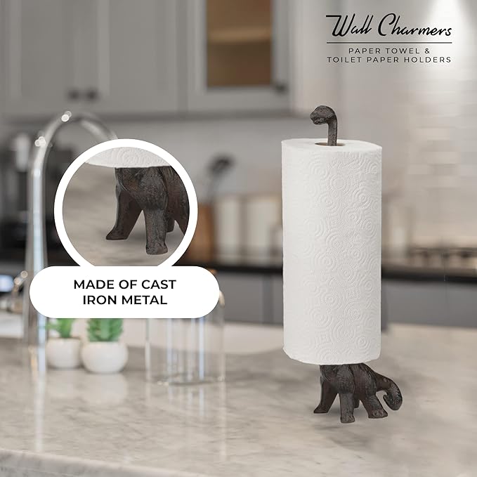 WallCharmers Rustic Paper Towel Holder, Metal Toilet or Kitchen Paper Holder for Floor or Countertop, Rustic Dino