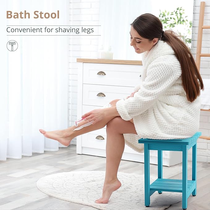 LUE BONA HDPS Shower Bench Seat, Sky Blue Shower Benches for Inside Shower with Shelf, Waterproof Shower Chair Foot Stool for Spa Bathroom, Weather Resistant/Non-Slip/Handles/Indoor or Outdoor Use