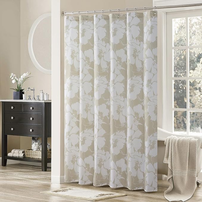 Floral Fabric Shower Curtains for Bathroom, Cream Beige Tan Flower Shower Curtain, Waterproof Washable Decorative Bathroom Curtains, 72" W x 72" H