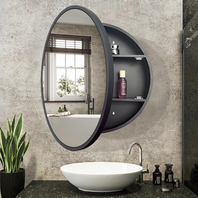 Round Medicine Cabinet,Medicine Cabinet with Mirror,Aluminum Framed,Soft Close Hinge,20inch,Black