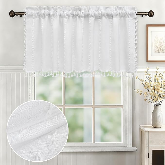 White Boho Farmhouse Valance Curtain with Tassels, 52 x 18 inch Linen Textured Window Curtain for Living Room, Striped Light Filtering Valance for Kitchen Bedroom Bathroom Rod Pocket