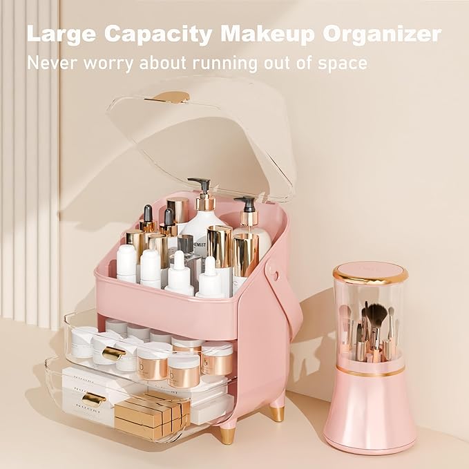 Makeup Organizer Countertop With Lid And Drawers Large Skin Care Cosmetic Display Case Holder for Vanity Desk Bathroom Storage Box,Pink With Brush Holder