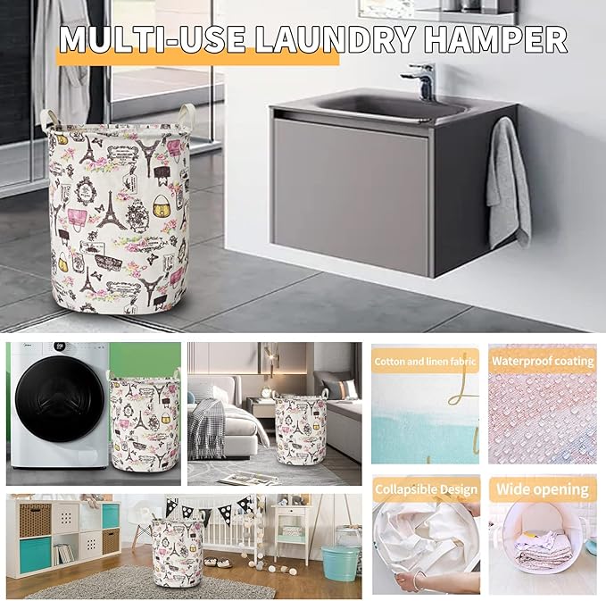 Merdes 19.7?€??€? Waterproof Foldable Laundry Hamper, Dirty Clothes Laundry Basket, Linen Bin Storage Organizer for Toy Collection (Paris)