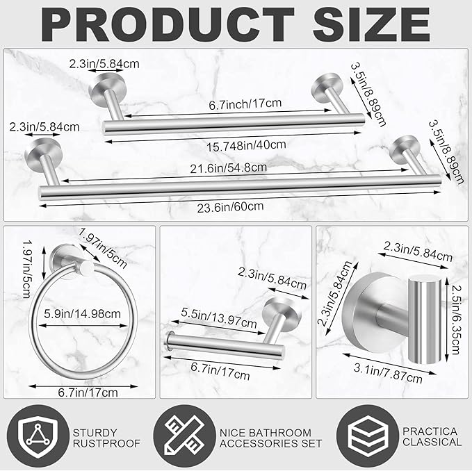 Gisafai 15 Pcs Silver Bathroom Accessories Hardware Set Towel Racks for Bathroom SUS304 Stainless Steel 23.6 Inch Brushed Towel Bar Ring Toilet Paper Holder Robe Hooks for Wall Mounted
