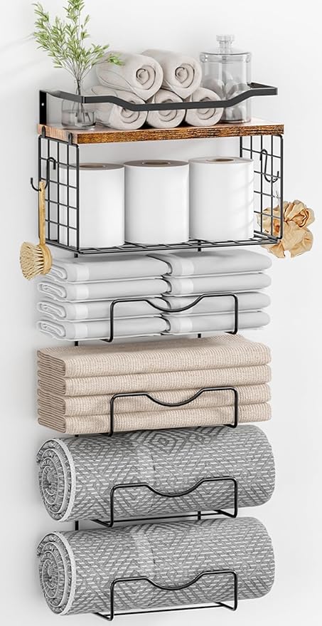Towel Racks for Bathroom,Towel Rack Wall Mounted, 6 Tier Rolled Or Folded Towel Holder with Floating Shelves, Bathroom Towel Holder for Bath, Hand Towels,Metal and Wood
