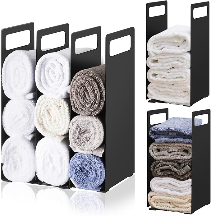 LEIFIDE Set of 4 Interlocking Towel Organizer Metal Bathroom Towel Storage Rack Shelf Dividers Organizers for Closet Home Space Saving (Black)