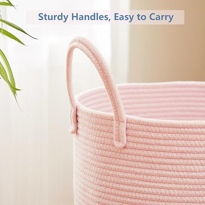 Large Pink Laundry Basket 15x20 Inches, 60L Woven Rope Hamper for Baby Girls and Kids, Nursery Storage Bin for Girls Room, Kawaii Bedroom Laundry Hamper