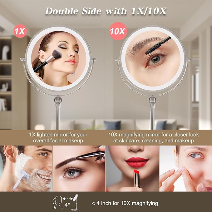 Rocollos Lighted Vanity Mirror: 9" Rechargeable Tabletop Makeup Mirror, 10X Magnification, 3 Color Dimmable, Height Adjustable Cordless Mirror, 4000mAh USB-C, 360° Swivel, Rustproof for Bathroom