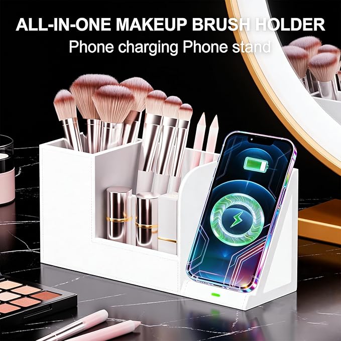 LADSTAG Makeup Brush Holder Organizer with Phone Charging Stand – Leather Cosmetic Cup for Perfume, Nail Polish, Lipstick & Art Supplies | Vanity, Bathroom & Desktop Organizer
