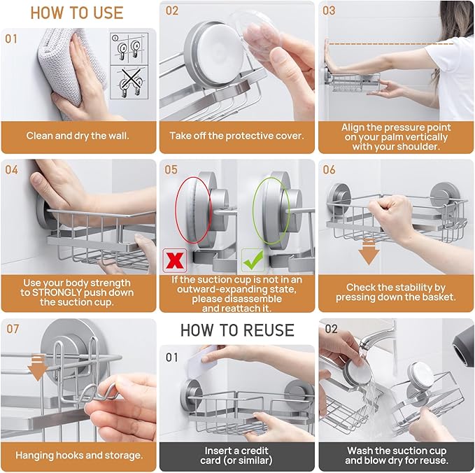 LEVERLOC 2 Pack Corner-adaptive Suction Cup Shower Caddies, Drill-Free Wall Mounted Basket, Stainless Steel Rustproof Corner Shower Shelf, Large Capacity Removable Suction Cup Bathroom Organizer, Gray