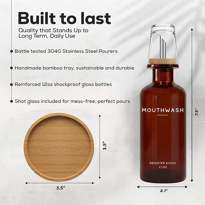 Amber Glass Mouthwash Dispenser for Bathroom by Brighter Barns - Refillable Mouthwash Container and Glass Cup - Modern Mouth Wash Dispensers for Bathroom - Boho Decor for Office, Airbnb, Hotel (Amber)