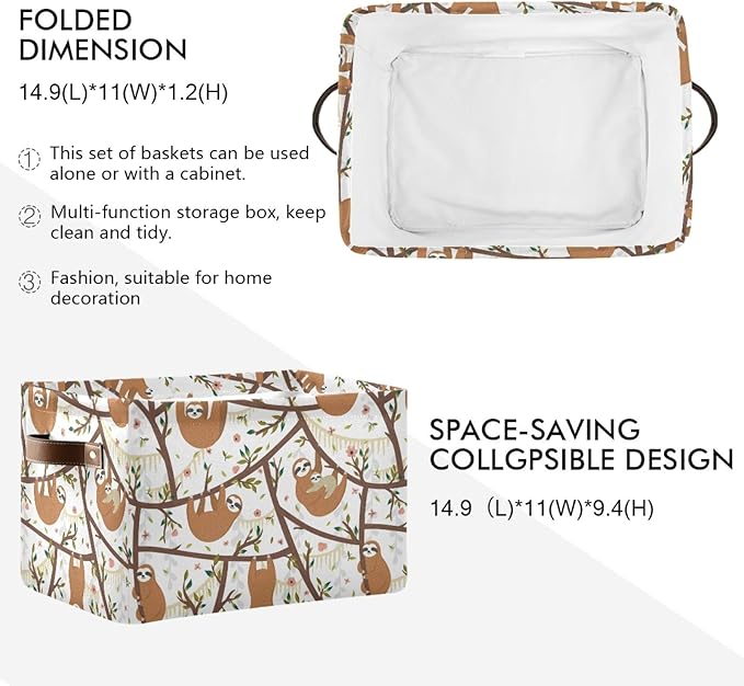 Moudou Sloth Storage Basket Square Collapsible Laundry Hamper Clothes Toys Storage Bin with Handles for Bedroom, Closet, Nursery, Dorm, Home Decor