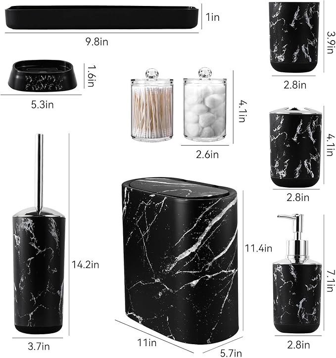 Bathroom Accessories Set, 9-Piece Marble Black Bathroom Set, Black Bathroom Accessories with Slim Trash Can, Soap Dispenser, Toilet Brush, Toothbrush Set, Qtip Holders