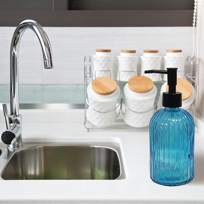 YYTSGG Blue Glass Soap Dispenser Set with Black Pump, 13.5oz Refillable Liquid Hand Soap Dispenser, Lotion Dish Soap Dispenser for Modern Home Decor, Kitchen Countertop, Bathroom, Hotel(2 Pack)
