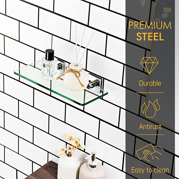 KOKOSIRI Bathroom Shelves Wall Mount 12-Inch Floating Tempered Glass Shelf for Shower Storage Home Decor, 2 Pack Polished Stainless Steel B1107CH-L12-P2