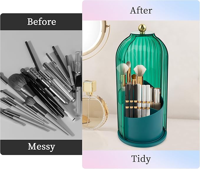 Makeup Brush Holder Organizer, 360 Rotating Makeup Brush Holder, Dustproof Waterproof Material & with 3 Compartments for Organized Storage, Dressing Tables Clear Storage Skincare Cosmetic (Green)