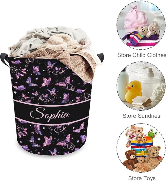ZOE DAVISON Custom Butterfly Laundry Baskets,Personalized Butterfly Gifts for Kids,Girls,Cute Laundry Hamper for Kids Baby Adults,Collapsible Clothes Storage Organizer,One Size