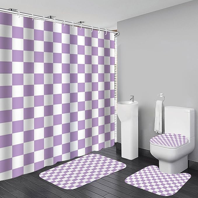 4 PCS Checkered Shower Curtain Sets Fun Gingham Bathroom Sets Soft Non Slip Bath Rugs Toilet Cover U-Shaped Mat Retro Bright Waterproof Shower Curtains with 12 Hooks for Tub Toilet, Purple