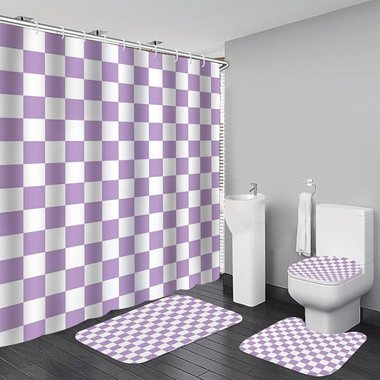 4 PCS Checkered Shower Curtain Sets Fun Gingham Bathroom Sets Soft Non Slip Bath Rugs Toilet Cover U-Shaped Mat Retro Bright Waterproof Shower Curtains with 12 Hooks for Tub Toilet, Purple