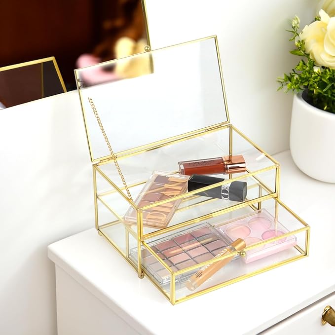 2-Tier Vintage Clear Desk Organizer with Drawer,Gold Decorative Storage Boxes,Jewelry Holder Display Tray Trinket Boxes Glass Memory Keepsake Box Dresser Vanity Wedding Decor Gifts for Her (Gold)