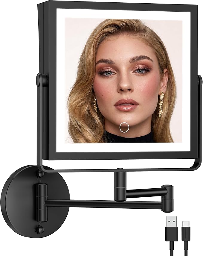Rechargeable Wall Mounted Makeup Mirror with Lights, 4000mAh Double Sided 1X/10X Magnifying Vanity Mirror with 3 Color Lights, Touch Dimmable, 360° Extension Foldable Arm (Matte Black)