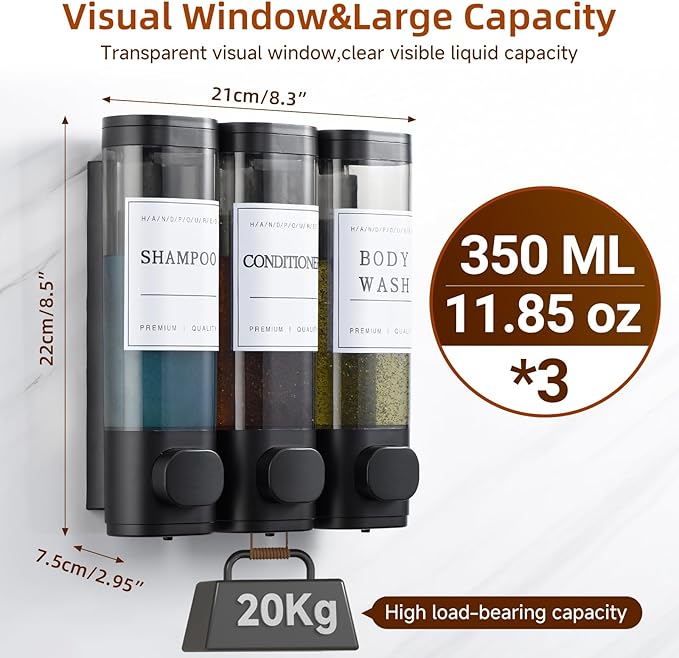Shampoo and Conditioner Dispenser,Shower Soap Dispenser 3 Chamber No Drill Wall-Mounted for Bathroom & Hotel Leak-Proof Pumps, for Thick Liquids Like Conditioner - 1050ML High Capacity, Black