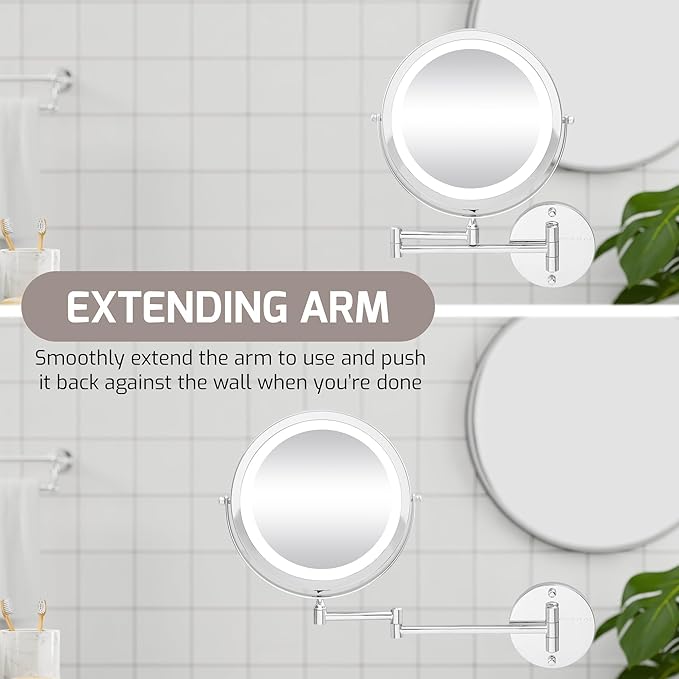 OVENTE Wall Mounted Lighted Makeup Mirror, 9" Double Sided 1X/10X Magnifying Vanity Mirror for Bathroom with LED Lights, Cordless, 360° Rotation and 13" Extendable Arm, Polished Chrome MFW85CH1X10X