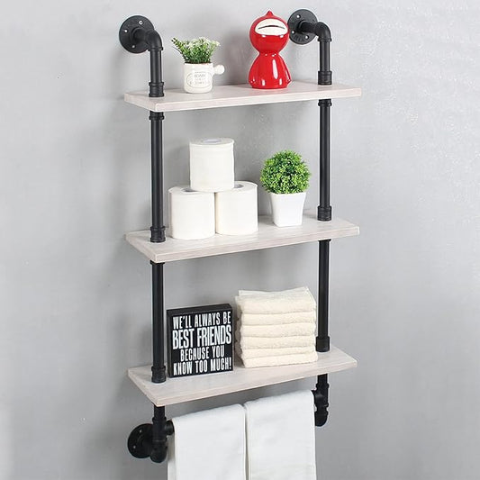 Bathroom Shelves Wall Mounted,19.6in Rustic Wood Shelf with Towel Bar,3 Tier Farmhouse Towel Rack Over Toilet,Pipe Shelving Floating Shelves Towel Holder,Black & White