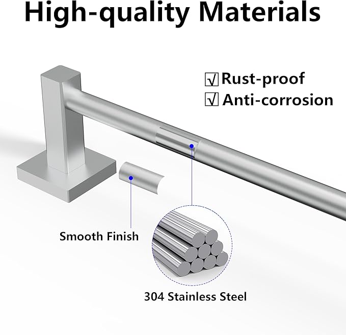 Towel Bar, Adjustable 12.7inch to 23.2inch Wall Mounted Towel Rack for Bathroom, Kitchen, SUS 304 Stainless Steel Towel Rod with Square Base (Brushed Nickel)